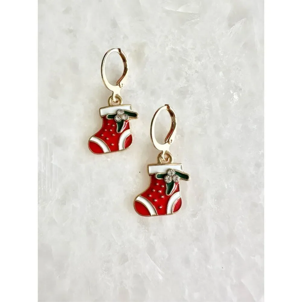 Dark green and red Christmas stocking dangle earring